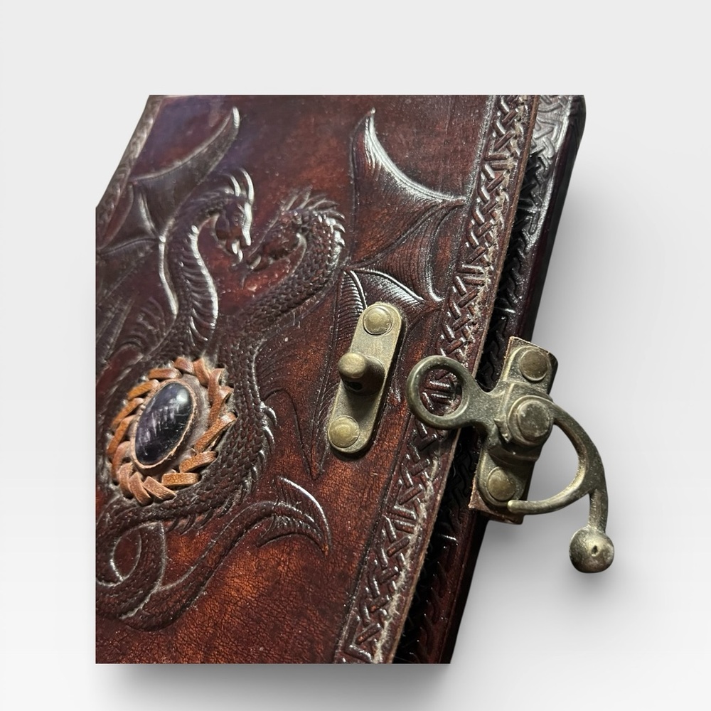 Handmade Leather Double Dragon Amethyst Stone Journal - Picture 8 of 12